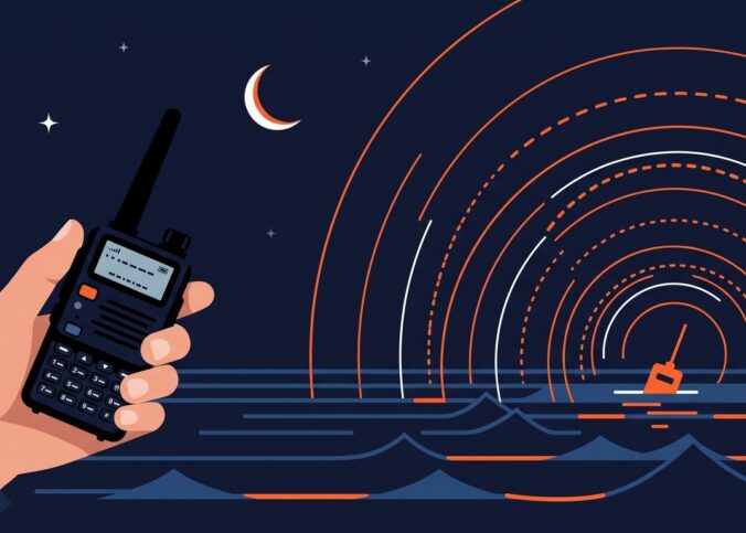 Illustration : une main tient un talkie-walkie face à une balise de détresse qui émet sur la mer, la nuit