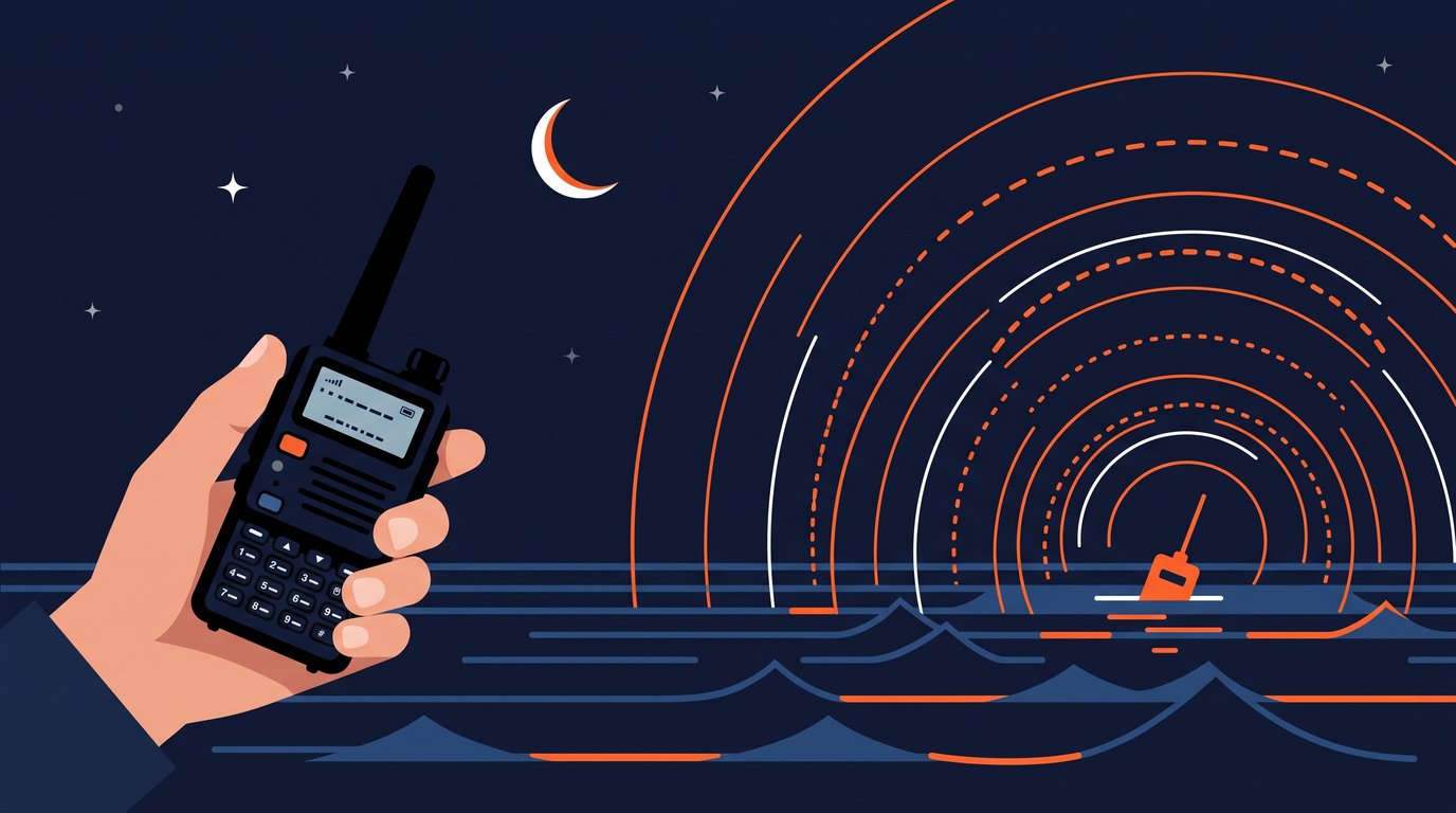 Illustration : une main tient un talkie-walkie face à une balise de détresse qui émet sur la mer, la nuit
