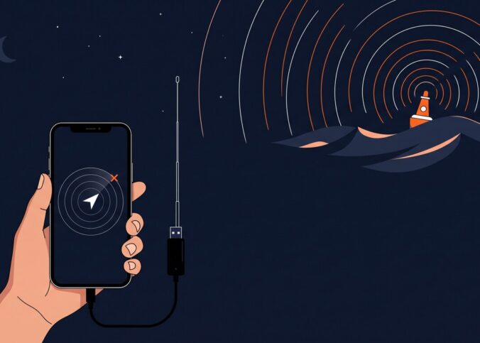 Illustration : une main tient un smartphone affichant un radar, relié à une clé radio USB avec antenne, face à une balise de détresse qui émet en mer, de nuit
