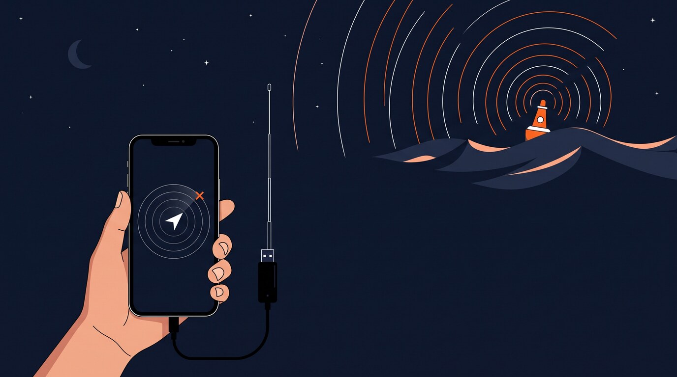 Illustration : une main tient un smartphone affichant un radar, relié à une clé radio USB avec antenne, face à une balise de détresse qui émet en mer, de nuit