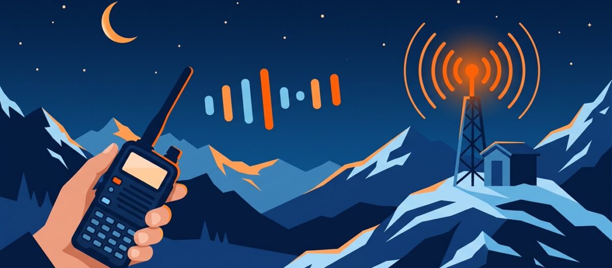 Illustration : une main tient un talkie-walkie qui envoie une suite de cinq tons vers un relais radio en montagne, dont l'antenne s'illumine
