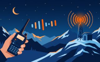 Illustration : une main tient un talkie-walkie qui envoie une suite de cinq tons vers un relais radio en montagne, dont l'antenne s'illumine