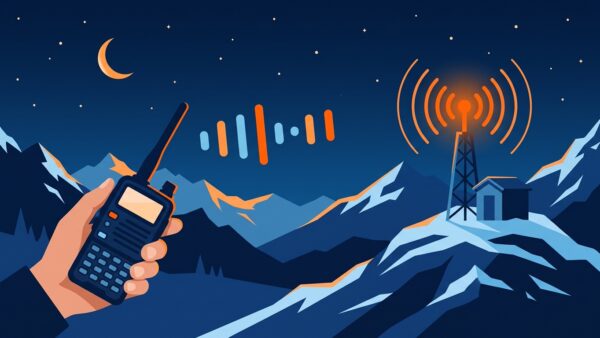 Illustration : une main tient un talkie-walkie qui envoie une suite de cinq tons vers un relais radio en montagne, dont l'antenne s'illumine