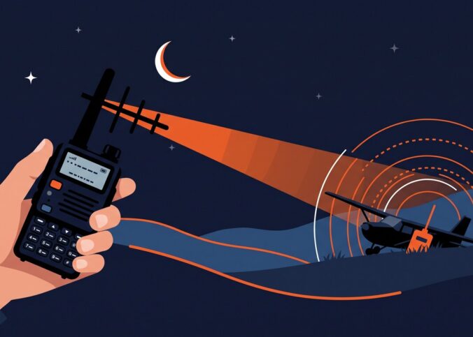 Illustration : une main tient un talkie-walkie équipé d’une petite antenne directive Yagi, dont le faisceau pointe vers une balise de détresse orange posée dans un champ, la nuit, à côté d’un petit avion accidenté