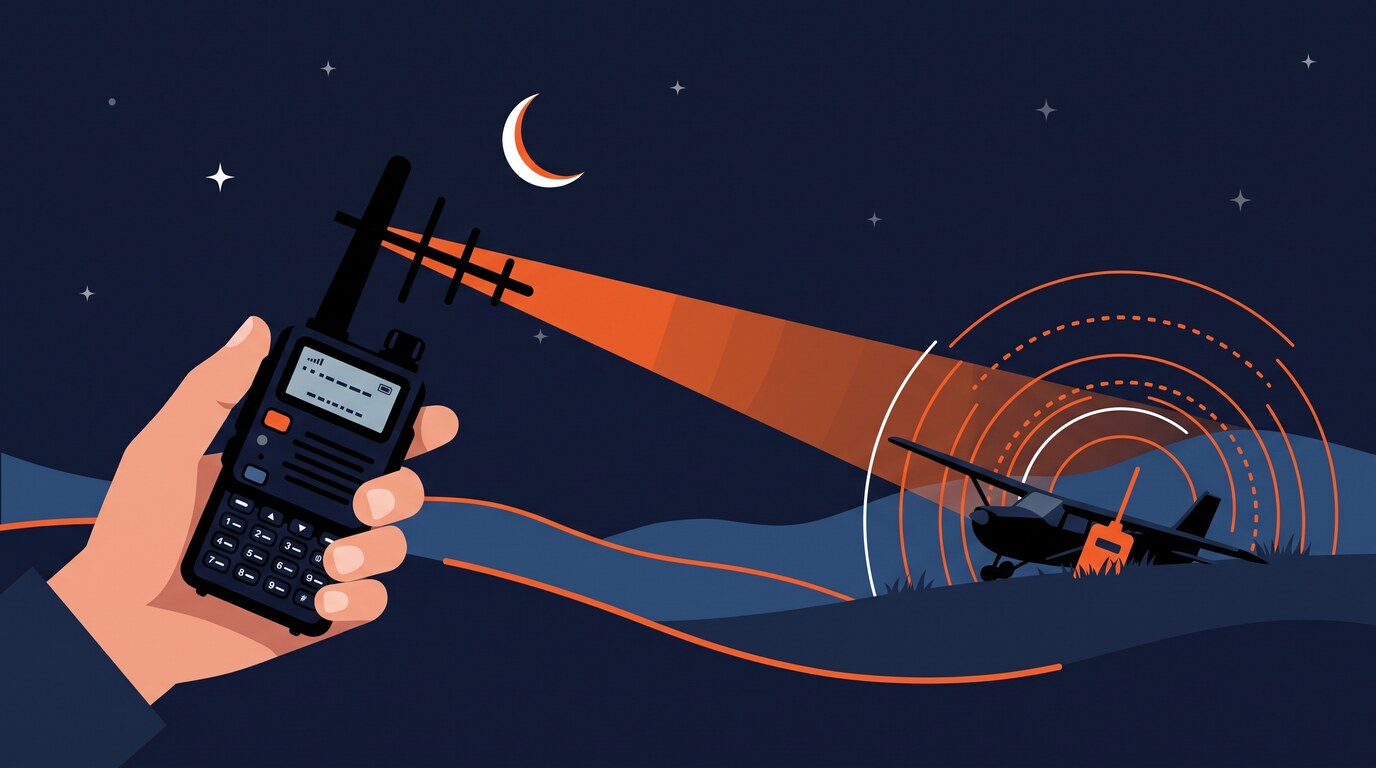 Illustration : une main tient un talkie-walkie équipé d’une petite antenne directive Yagi, dont le faisceau pointe vers une balise de détresse orange posée dans un champ, la nuit, à côté d’un petit avion accidenté