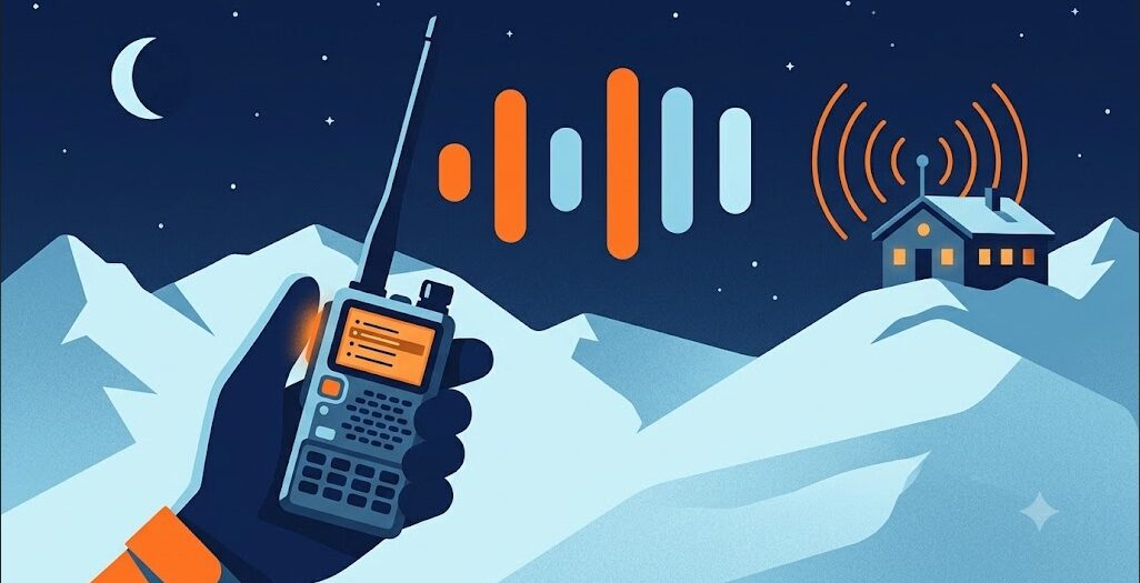 Illustration : une main gantée tient un talkie-walkie dont la touche latérale s’allume ; cinq tons partent vers un poste de secours en montagne qui répond, la nuit