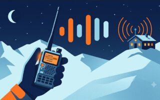Illustration : une main gantée tient un talkie-walkie dont la touche latérale s’allume ; cinq tons partent vers un poste de secours en montagne qui répond, la nuit