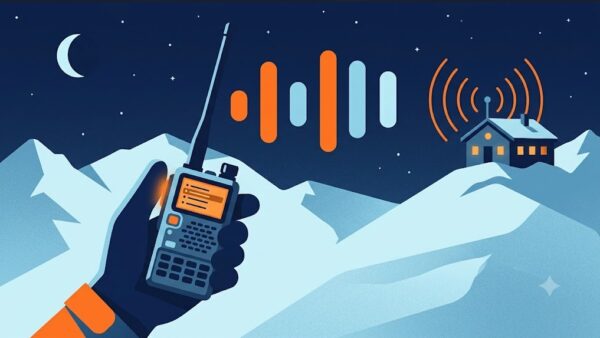Illustration : une main gantée tient un talkie-walkie dont la touche latérale s’allume ; cinq tons partent vers un poste de secours en montagne qui répond, la nuit